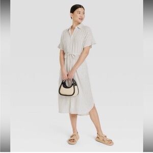 Women's Short Sleeve Linen Midi Shirtdress - A New Day Cream Gray Striped S - 10
